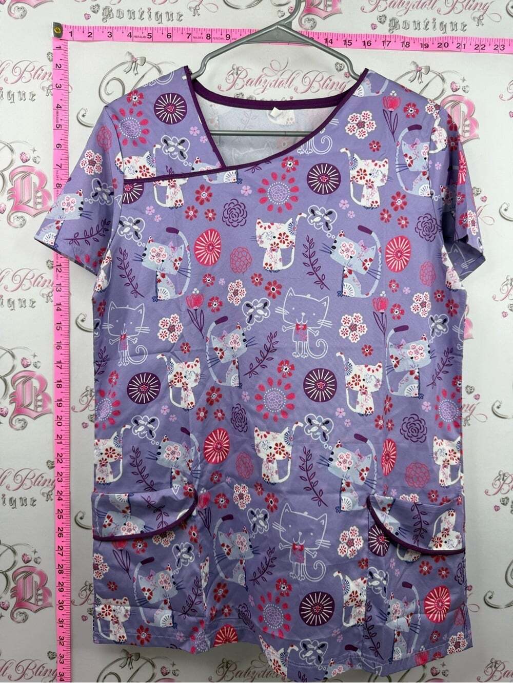 Scrubs top kitty Purple Cat Print Top - Cute Floral Scrub Style